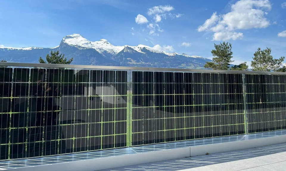 BIPV balcony railing installation with mountain view